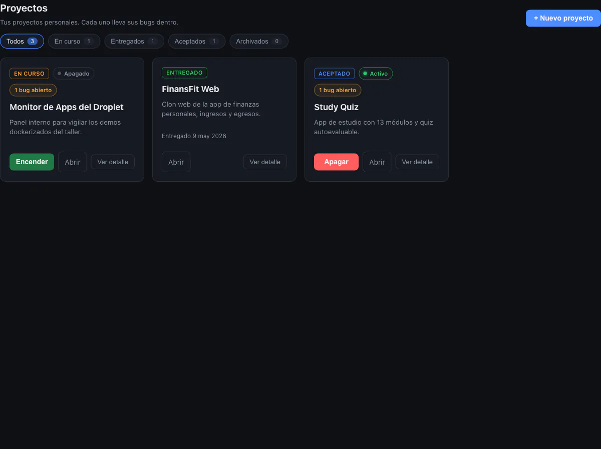 Panel appsMonitor: lista de proyectos con su estado y controles para encender o apagar